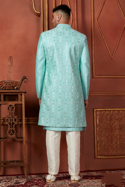 Sky Blue Colour Art Silk Indowestern Sherwani With Aligadhi Pant SH1230092 B