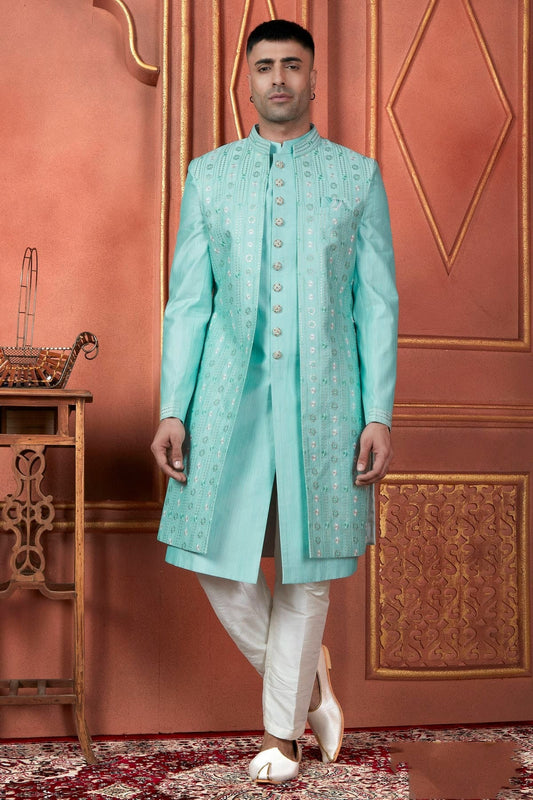 Sky Blue Colour Art Silk Indowestern Sherwani With Aligadhi Pant SH1230092