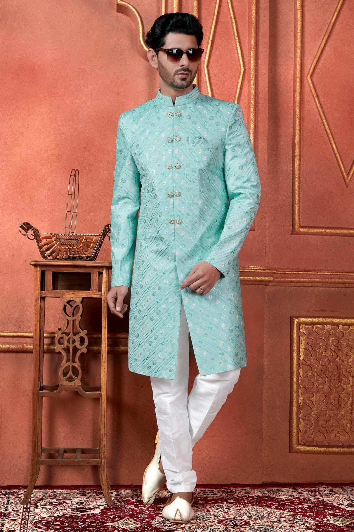 Sky Blue Colour Art Silk Indowestern Sherwani With Aligadhi Pant SH1230094 A