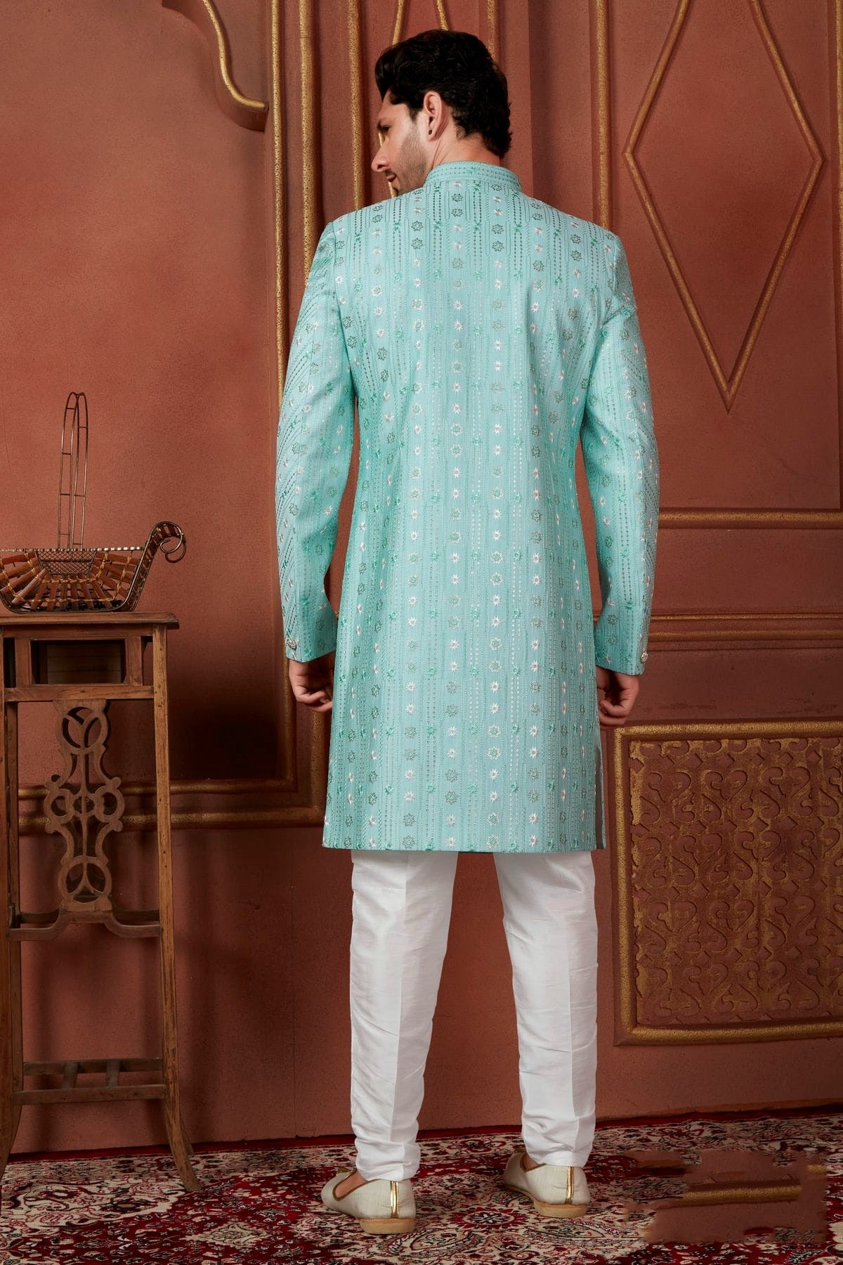 Sky Blue Colour Art Silk Indowestern Sherwani With Aligadhi Pant SH1230094 B