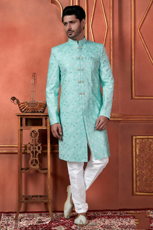Sky Blue Colour Art Silk Indowestern Sherwani With Aligadhi Pant SH1230094