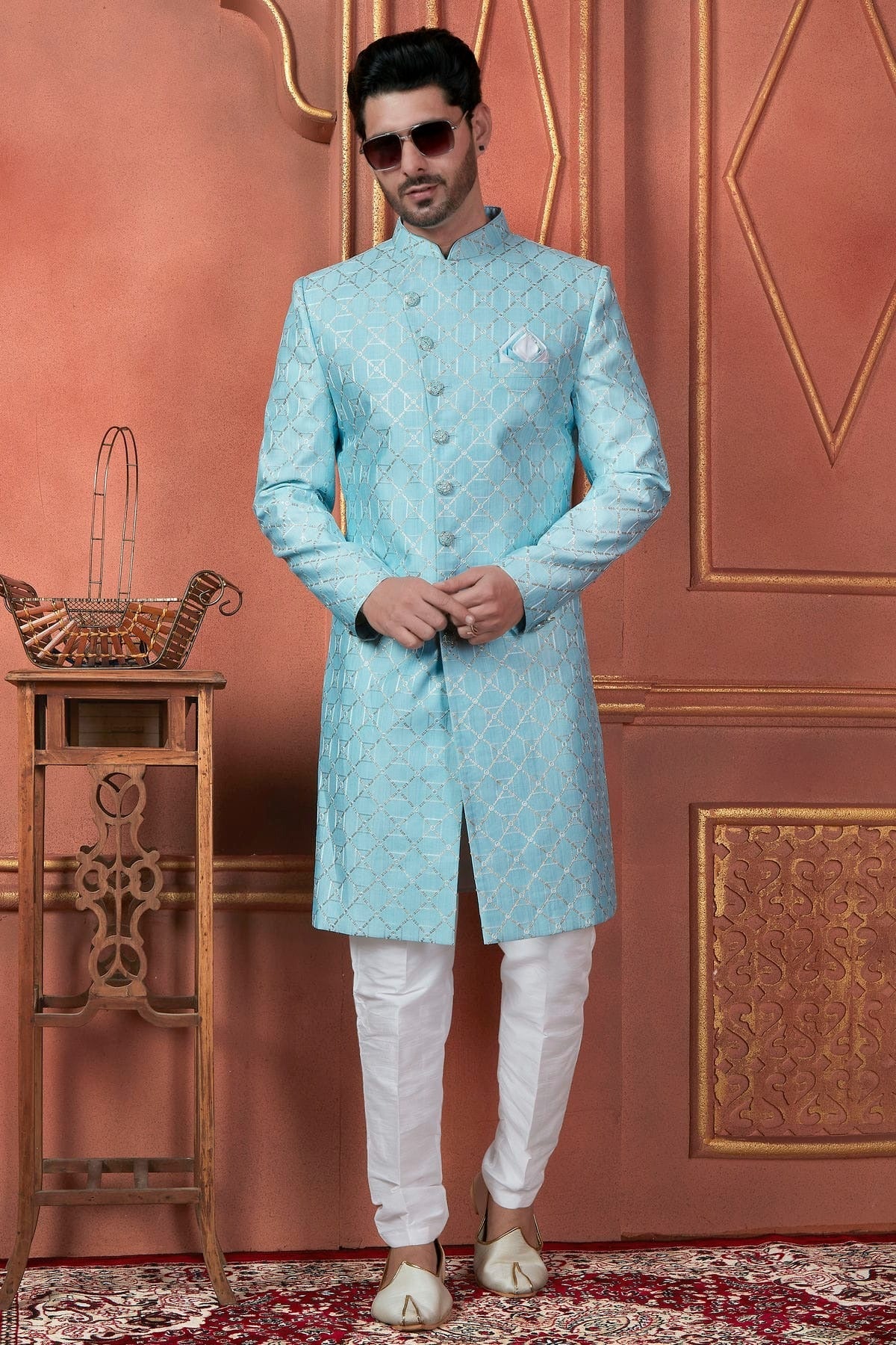 Sky Blue Colour Art Silk Indowestern Sherwani With Aligadhi Pant SH1230097 A