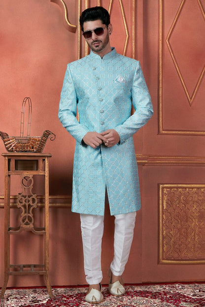 Sky Blue Colour Art Silk Indowestern Sherwani With Aligadhi Pant SH1230097 A
