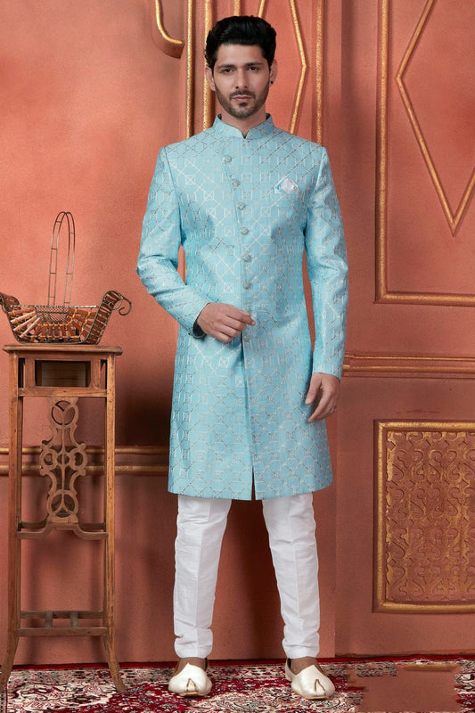 Sky Blue Colour Art Silk Indowestern Sherwani With Aligadhi Pant SH1230097