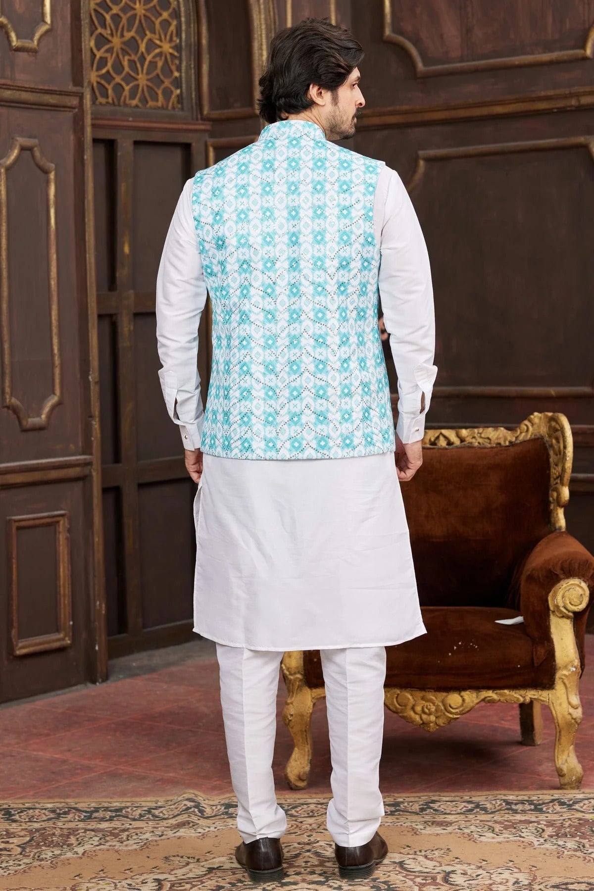 Sky Blue Colour Art Silk Kurta Pajama With Jacket KP1230255 A