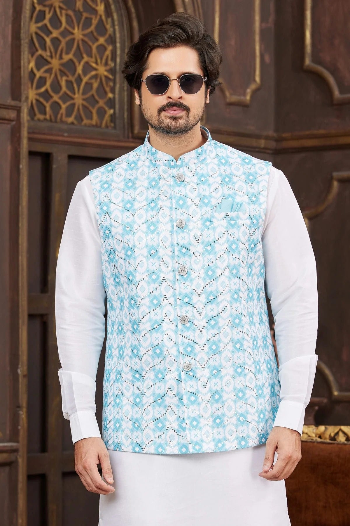 Sky Blue Colour Art Silk Kurta Pajama With Jacket KP1230255 B
