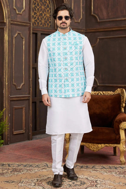 Sky Blue Colour Art Silk Kurta Pajama With Jacket KP1230255