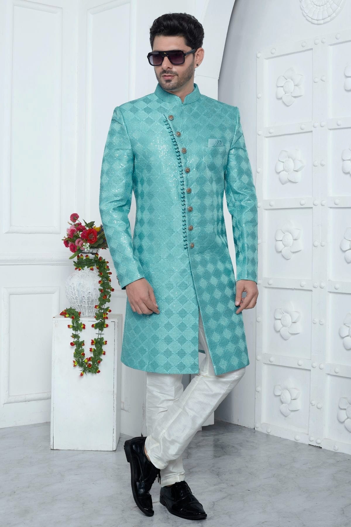 Sky Blue Colour Art Silk Sherwani With Aligadhi Pant SH1230069 A