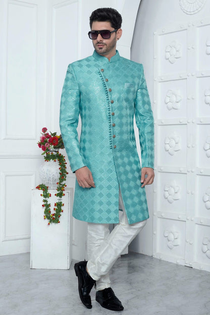Sky Blue Colour Art Silk Sherwani With Aligadhi Pant SH1230069 A