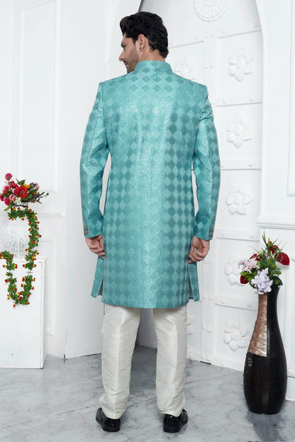 Sky Blue Colour Art Silk Sherwani With Aligadhi Pant SH1230069 B