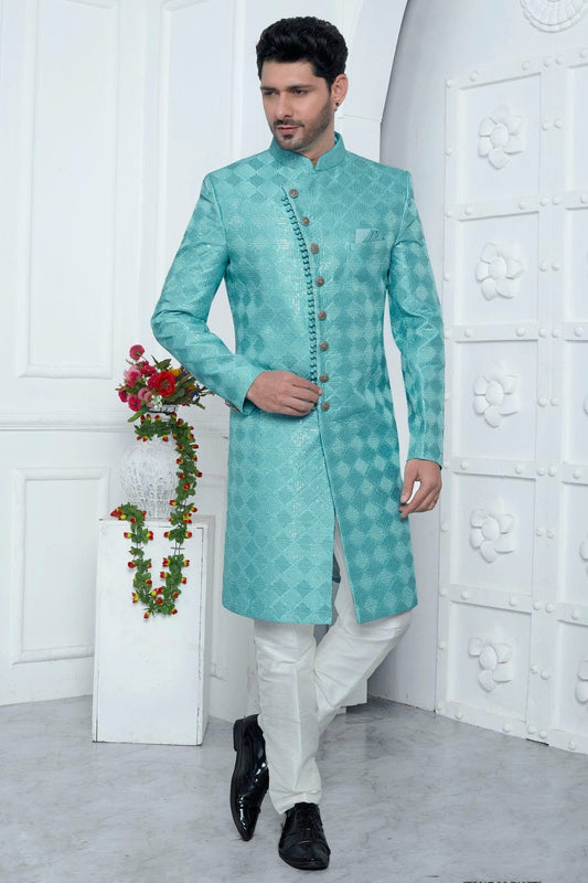 Sky Blue Colour Art Silk Sherwani With Aligadhi Pant SH1230069