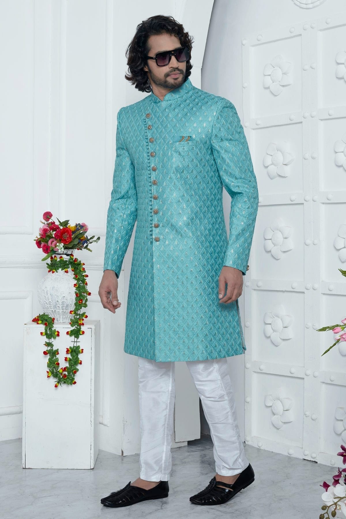 Sky Blue Colour Art Silk Sherwani With Aligadhi Pant SH1230071 A