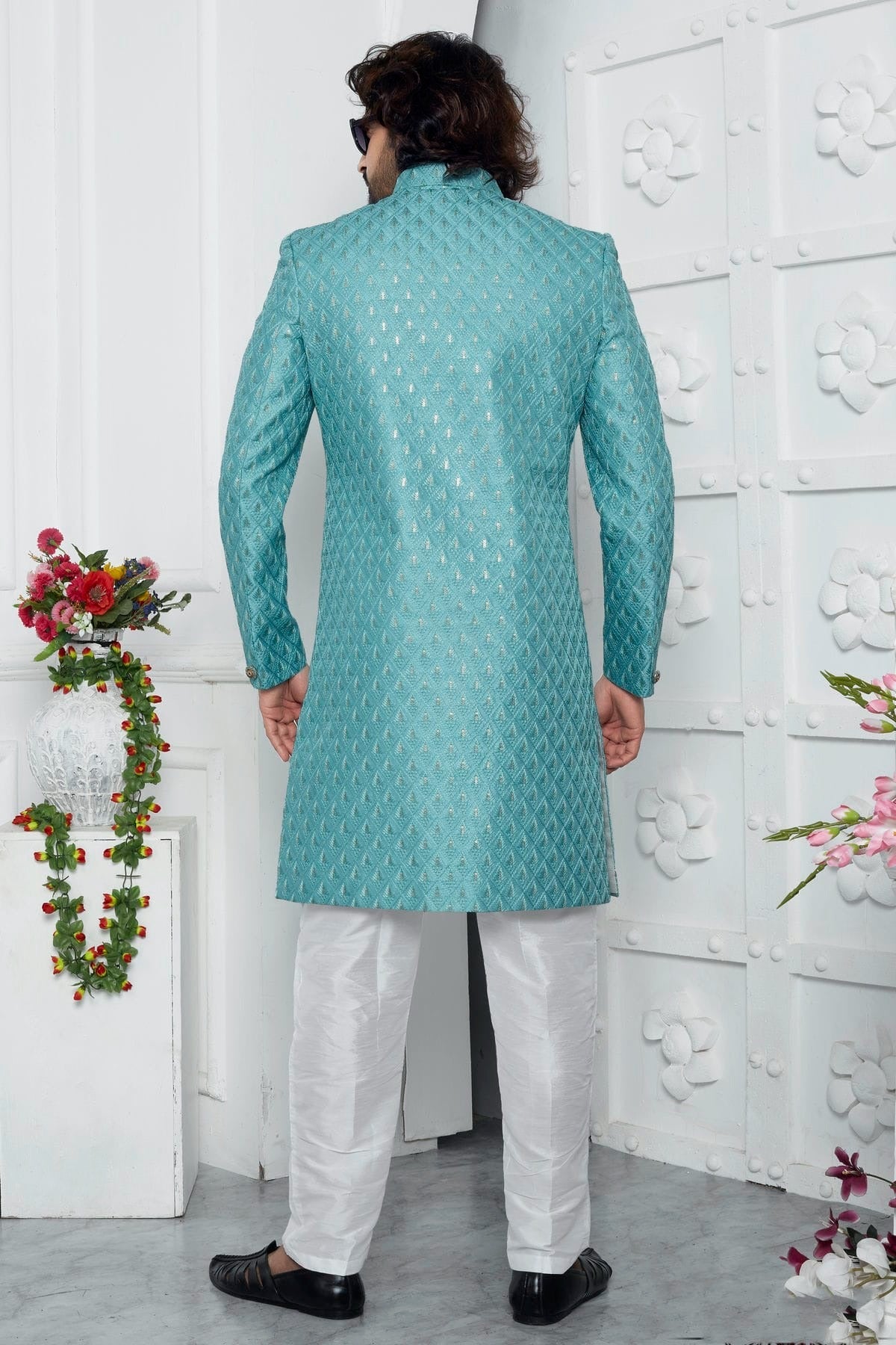 Sky Blue Colour Art Silk Sherwani With Aligadhi Pant SH1230071 B