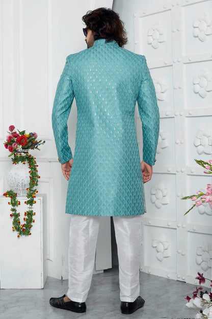 Sky Blue Colour Art Silk Sherwani With Aligadhi Pant SH1230071 B