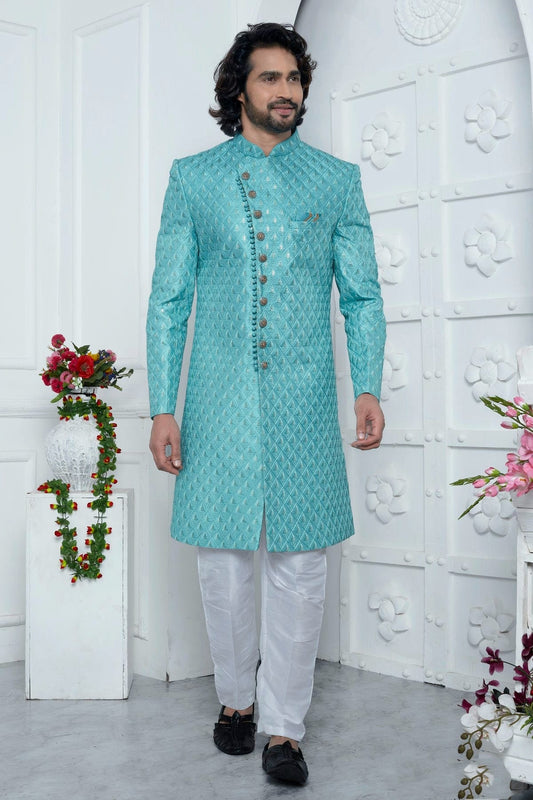 Sky Blue Colour Art Silk Sherwani With Aligadhi Pant SH1230071