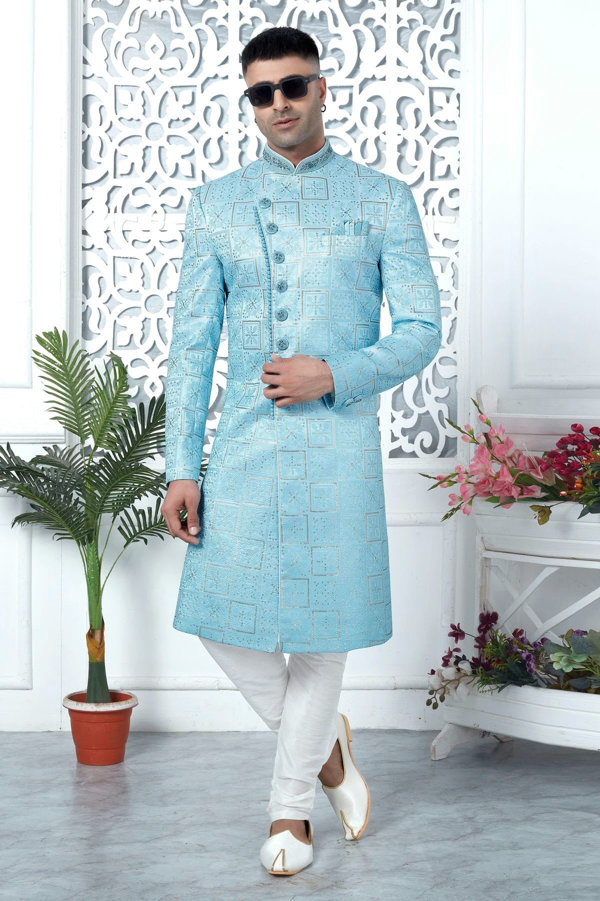Sky Blue Colour Art Silk Sherwani With Churidar Pant SH1230054 A
