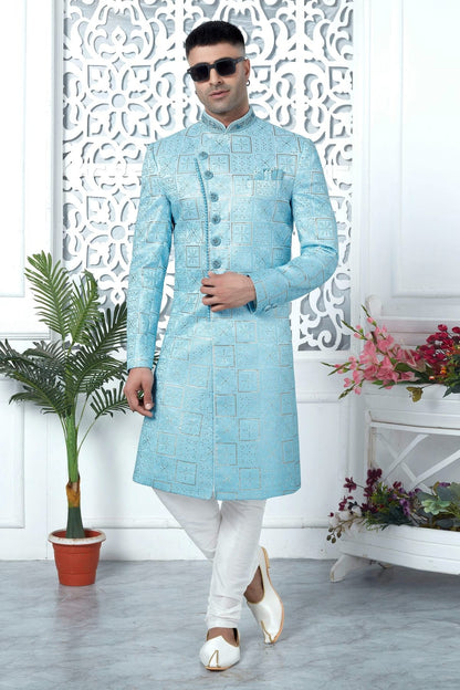 Sky Blue Colour Art Silk Sherwani With Churidar Pant SH1230054 A