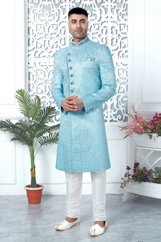 Sky Blue Colour Art Silk Sherwani With Churidar Pant SH1230054