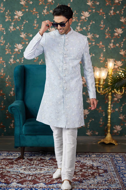 Sky Blue Colour Art Silk Thread Work Sherwani