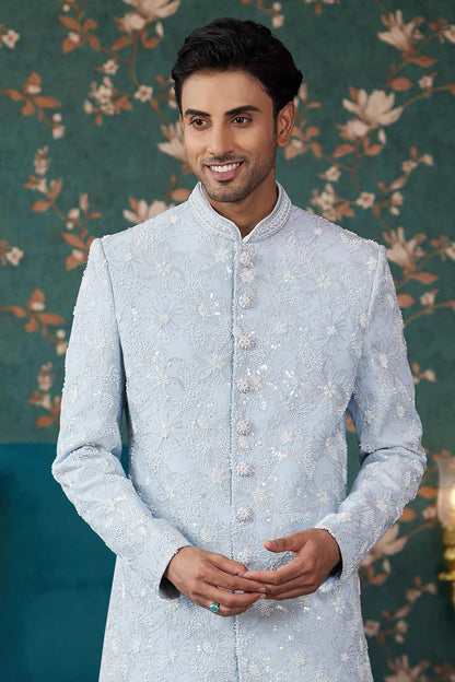 Sky Blue Colour Art Silk Thread Work Sherwani