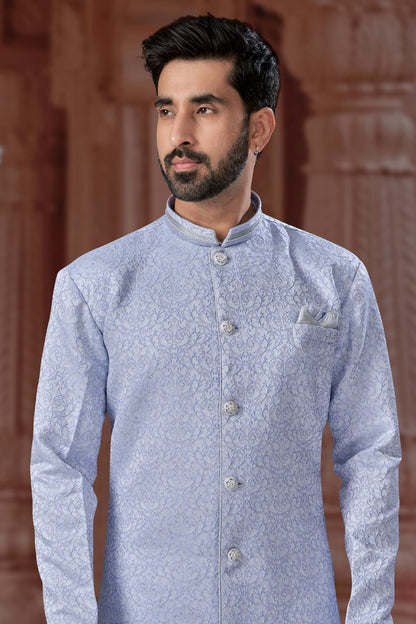 Sky Blue Colour Banarasi Jacquard Sherwani SH1040557 A