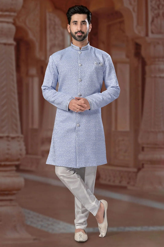Sky Blue Colour Banarasi Jacquard Sherwani SH1040557