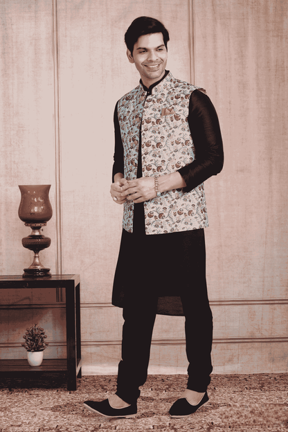 Sky Blue Colour Banarasi Silk Digital Printed Kurta Pajama With Jacket