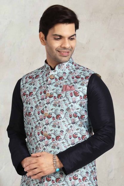Sky Blue Colour Banarasi Silk Digital Printed Kurta Pajama With Jacket