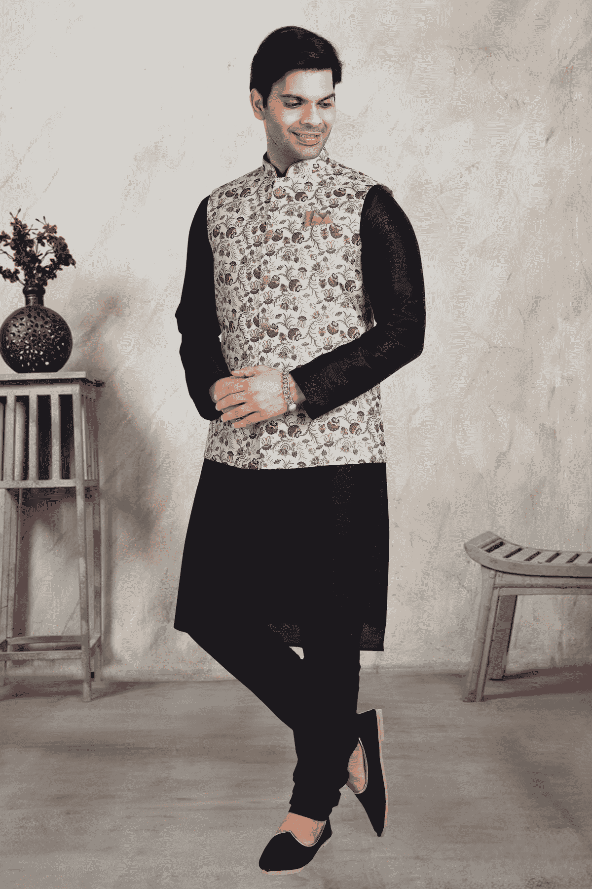 Sky Blue Colour Banarasi Silk Digital Printed Kurta Pajama With Jacket