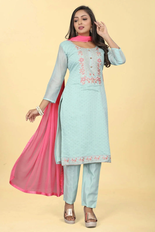 Sky Blue Colour Chanderi Silk Pant Style Suit SM1110612
