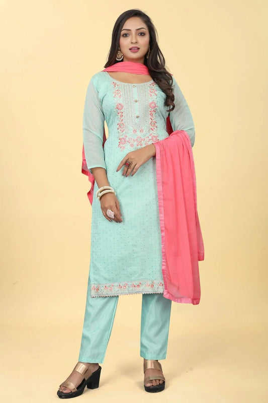 Sky Blue Colour Chanderi Silk Pant Style Suit SM1110614