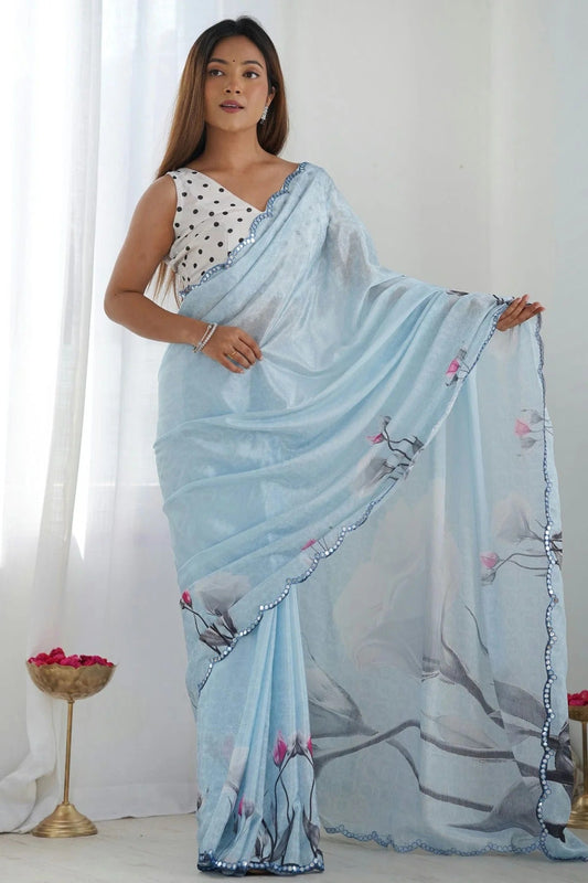 Sky Blue Colour Chinon Printed Saree SD1112077