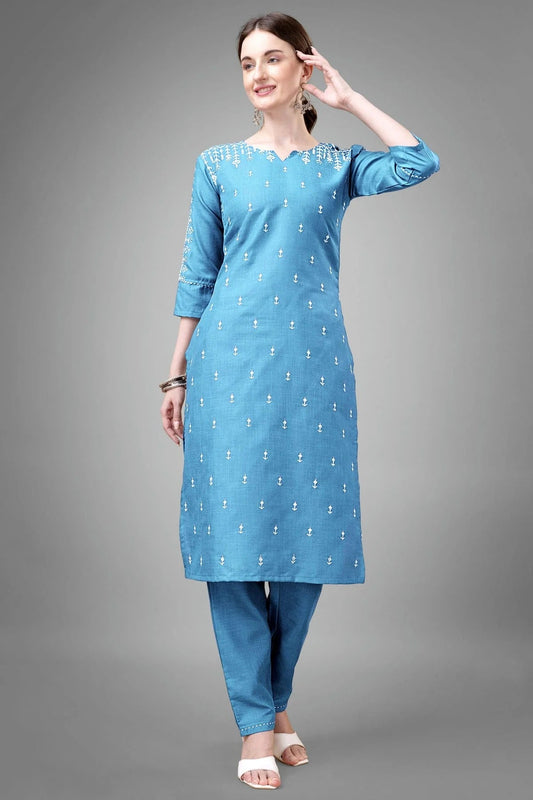 Sky Blue Colour Cotton Blend Kurta And Pant Set KR1111331