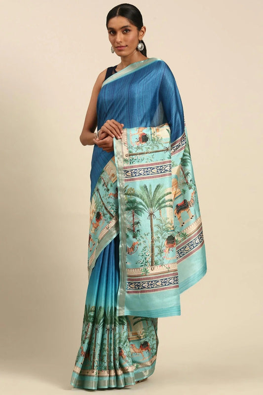 Sky Blue Colour Cotton Digital Printed Printed Saree SD1102873