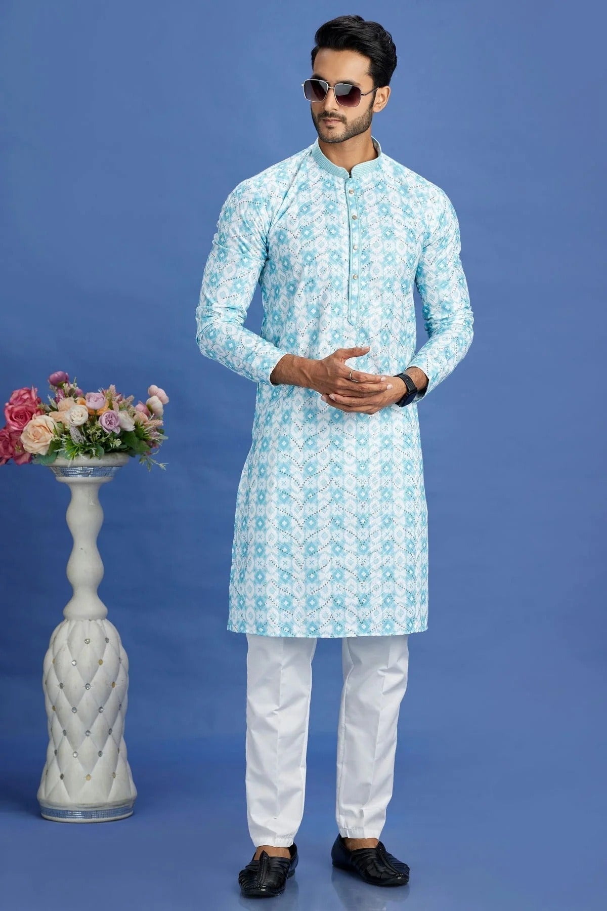 Sky Blue Colour Cotton Pintex Work Kurta Pajama KP1230150 A