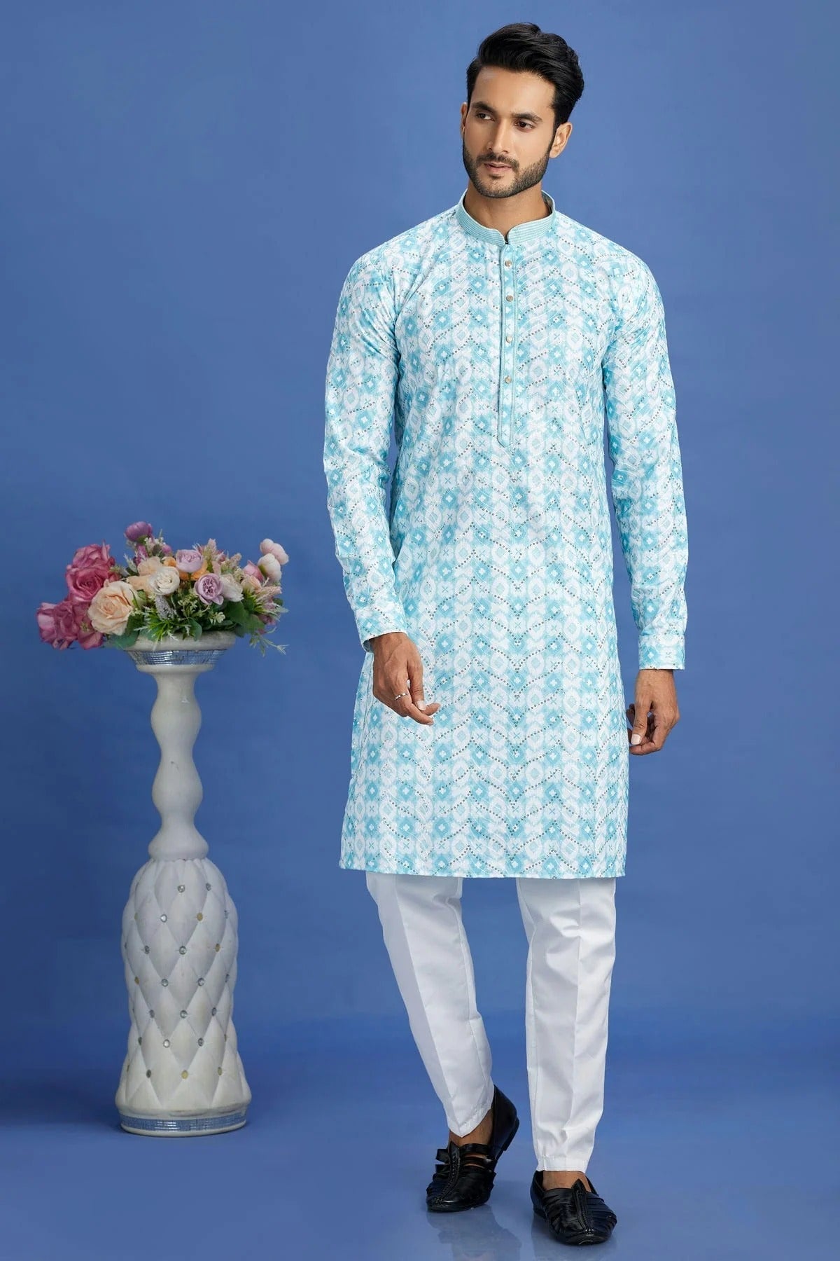 Sky Blue Colour Cotton Pintex Work Kurta Pajama KP1230150