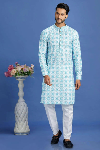 Sky Blue Colour Cotton Pintex Work Kurta Pajama KP1230150