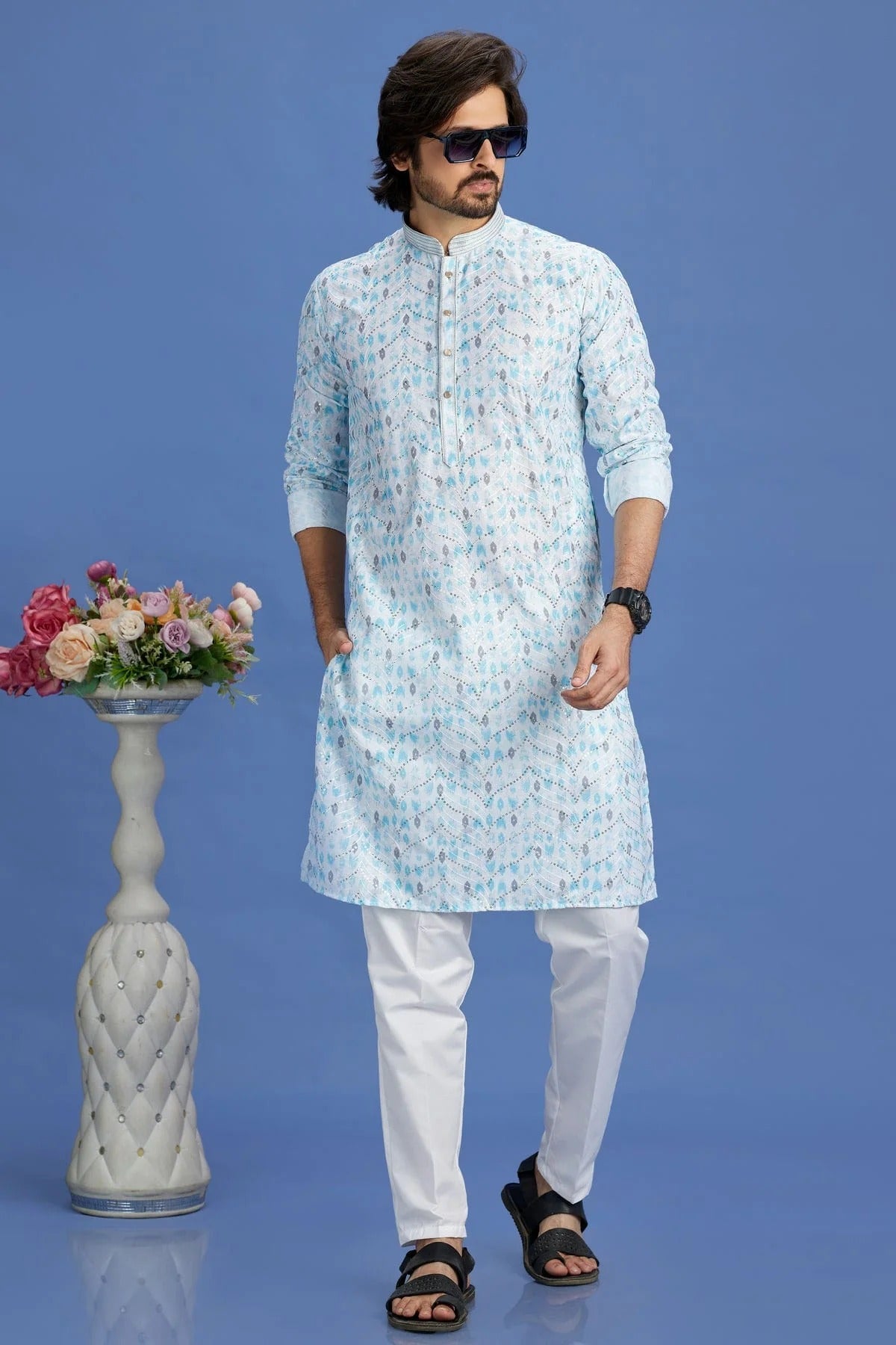 Sky Blue Colour Cotton Pintex Work Kurta Pajama KP1230157 A
