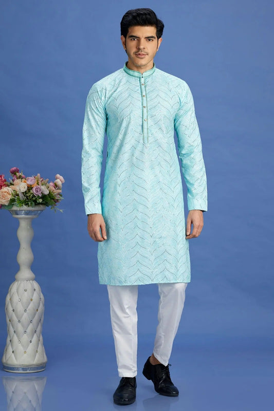 Sky Blue Colour Cotton Pintex Work Kurta Pajama KP1230158