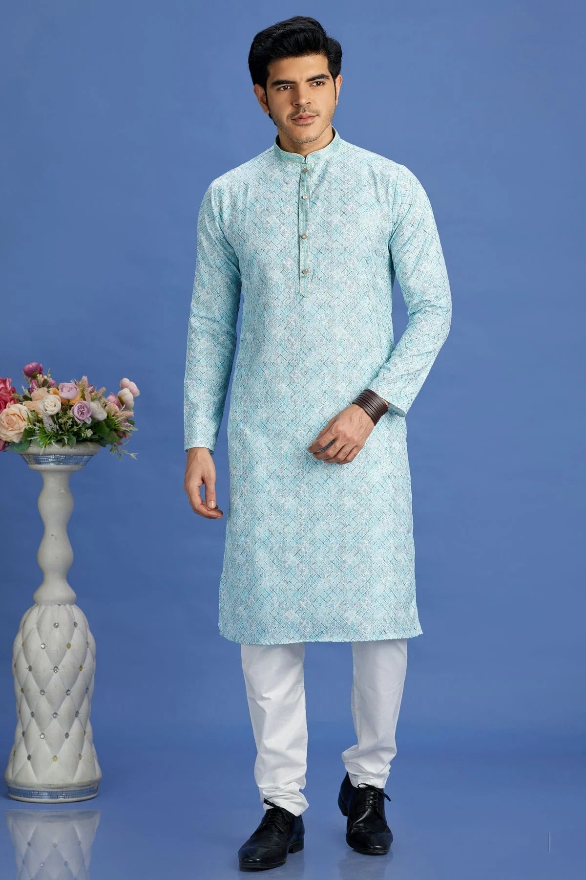 Sky Blue Colour Cotton Pintex Work Kurta Pajama KP1230162