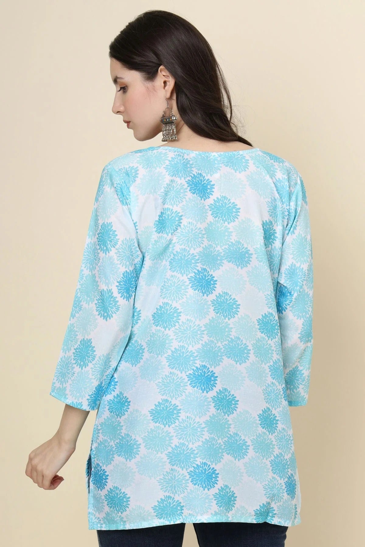 Sky Blue Colour Cotton Printed Work Readymade Top TP1110781 A