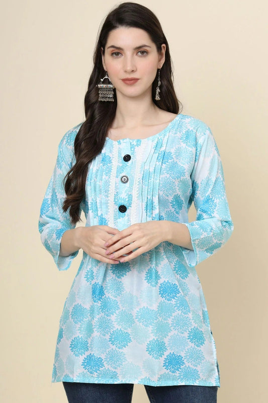 Sky Blue Colour Cotton Printed Work Readymade Top TP1110781