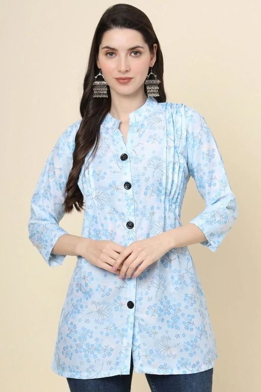 Sky Blue Colour Cotton Printed Work Readymade Top TP1110786