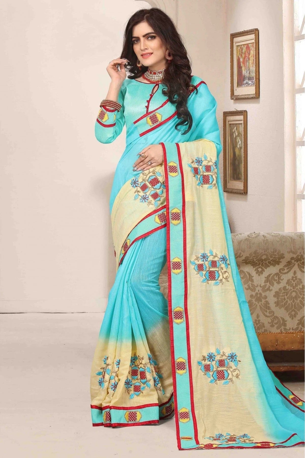 Sky Blue Colour Cotton Silk Designer Saree SD1120468
