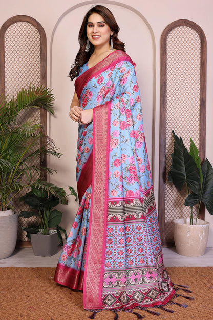 Sky Blue Colour Cotton Silk Printed Saree
