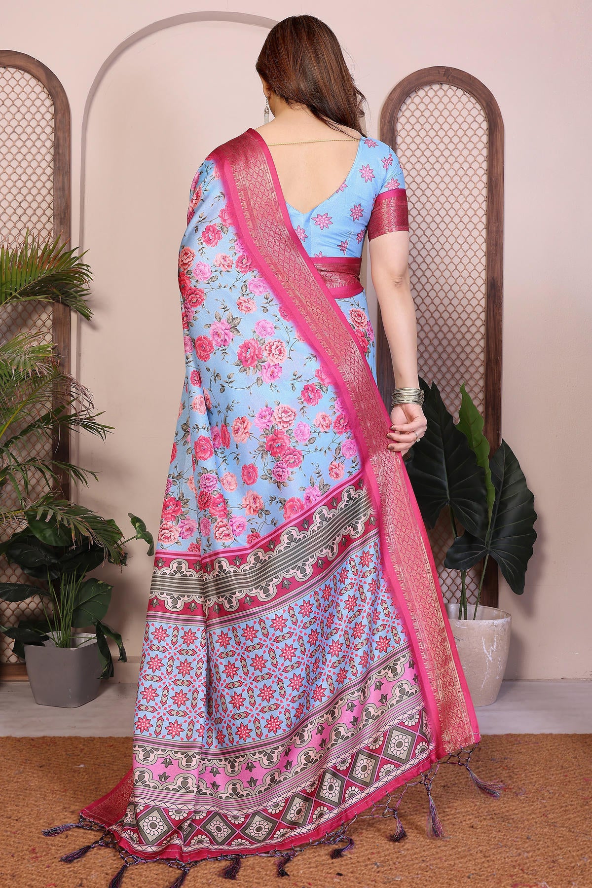 Sky Blue Colour Cotton Silk Printed Saree