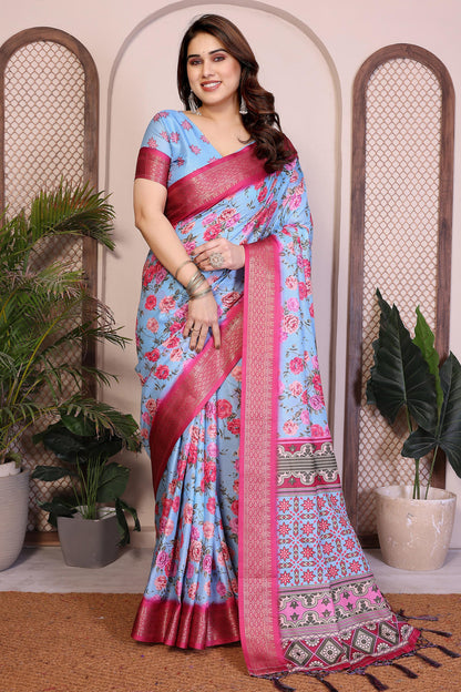 Sky Blue Colour Cotton Silk Printed Saree