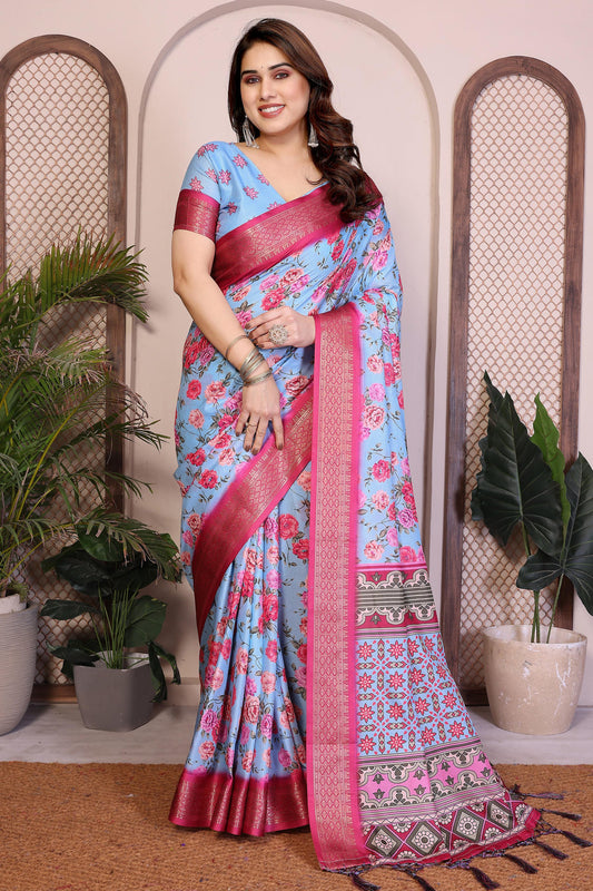 Sky Blue Colour Cotton Silk Printed Saree