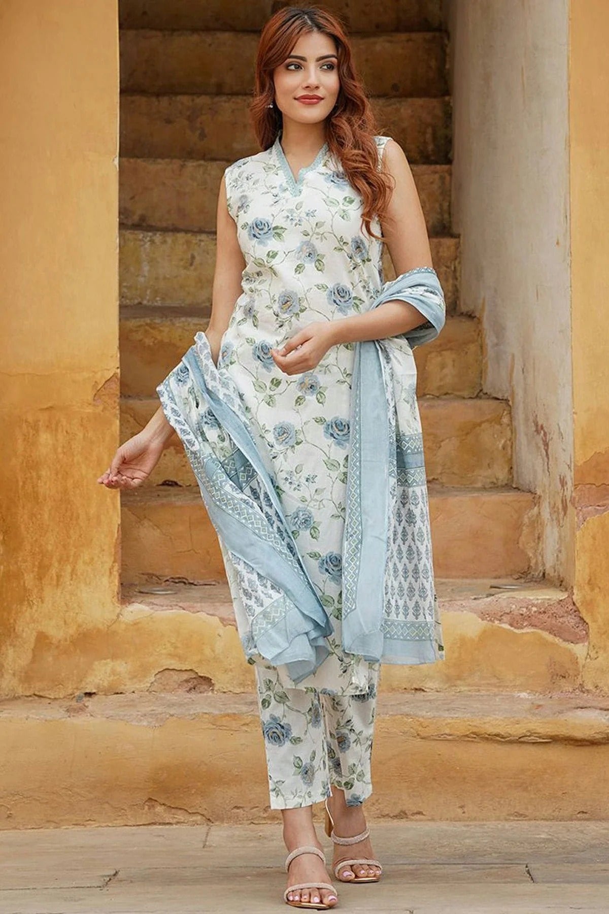 Sky Blue Colour Cotton Slub Stitched Suit SS1112240