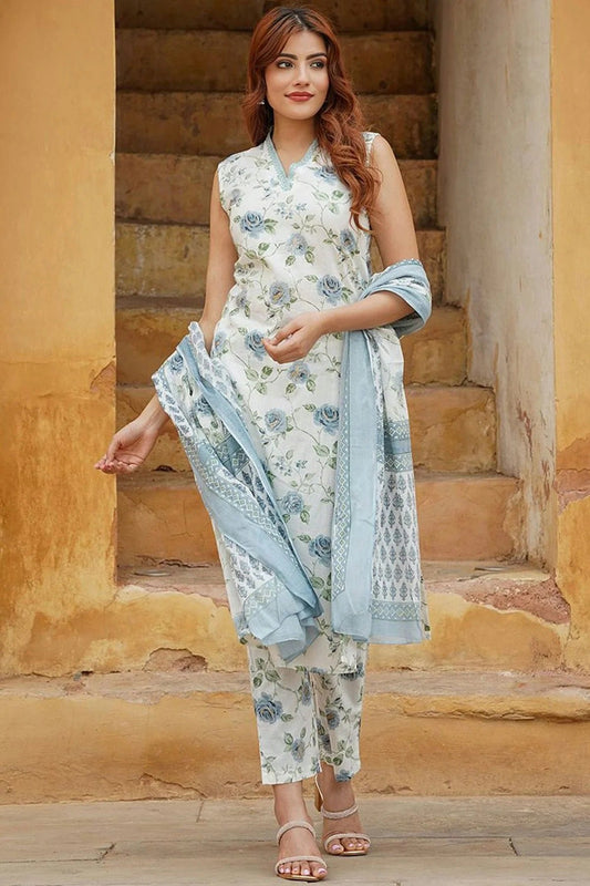 Sky Blue Colour Cotton Slub Stitched Suit SS1112240